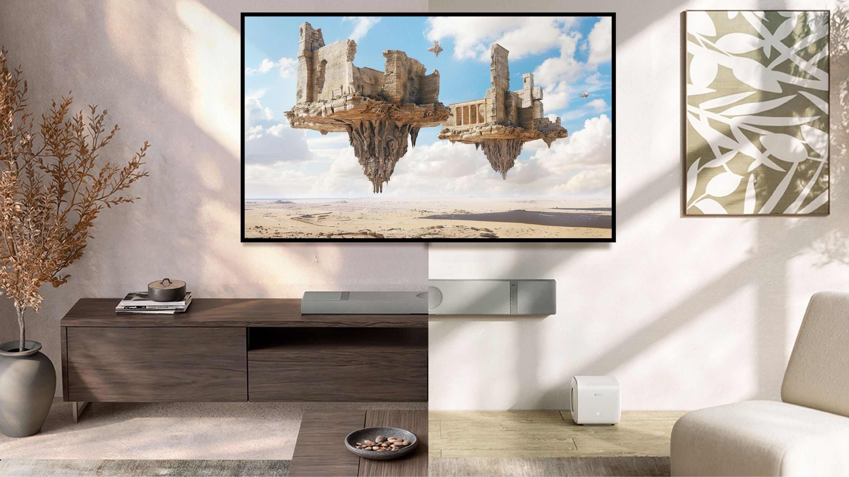 A cozy living room featuring a sofa, coffee table, TV, KEF XIO soundbar and a decorative painting on the wall.
