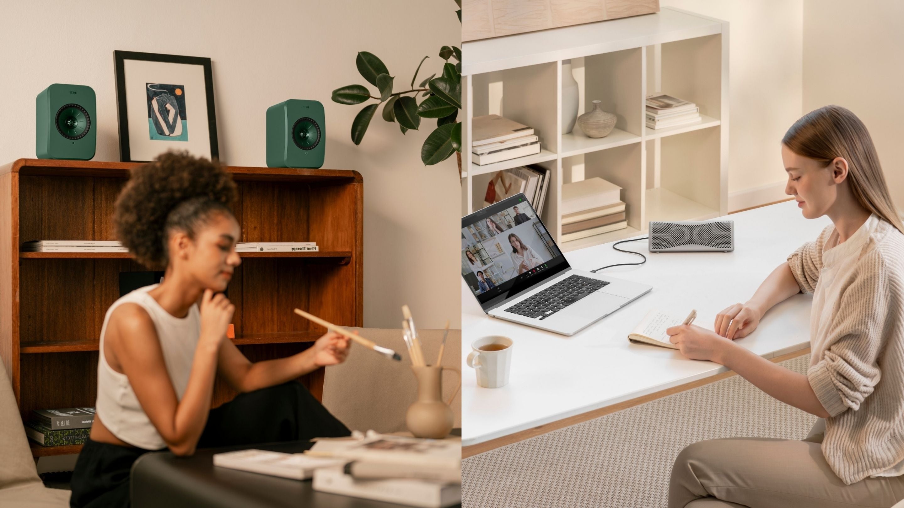 Two women engaged in a video call, one in a home office setting with speakers and decor, the other in a professional setting with a laptop.