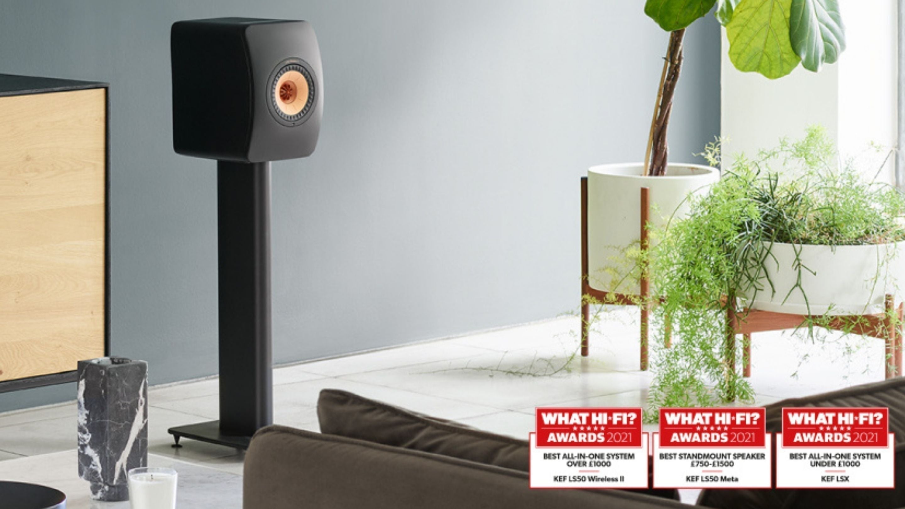 LS50 Wireless II Black speaker on a stand in a modern living room with plants and awards displayed.