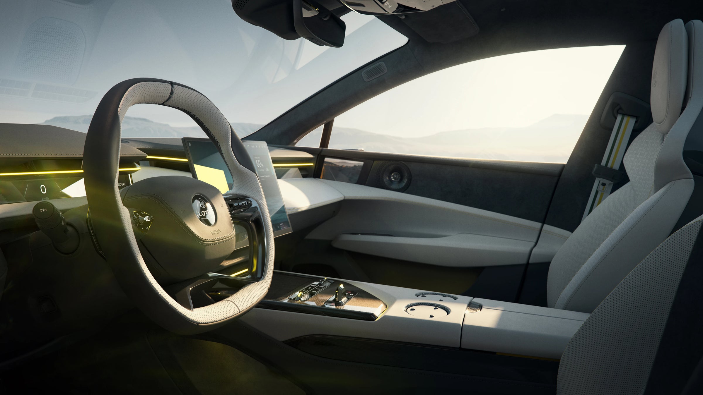 Lotus Emeya car interior with a large multi-screen display, a curved steering wheel, and light gray and black seats, shown from a side-angle view with a bright window background.