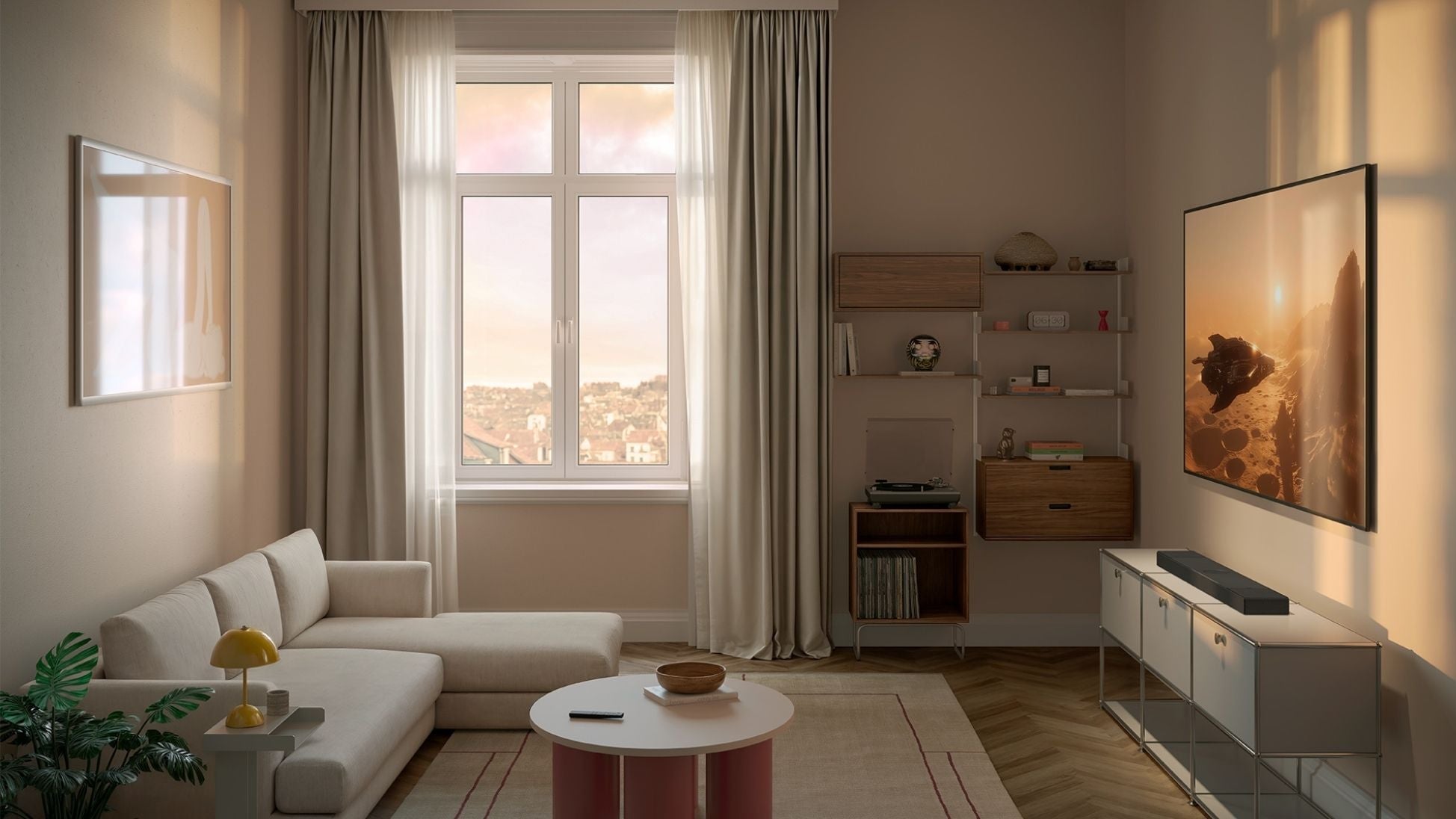 Modern living room with a large window, sofa, coffee table, soundbar and TV.