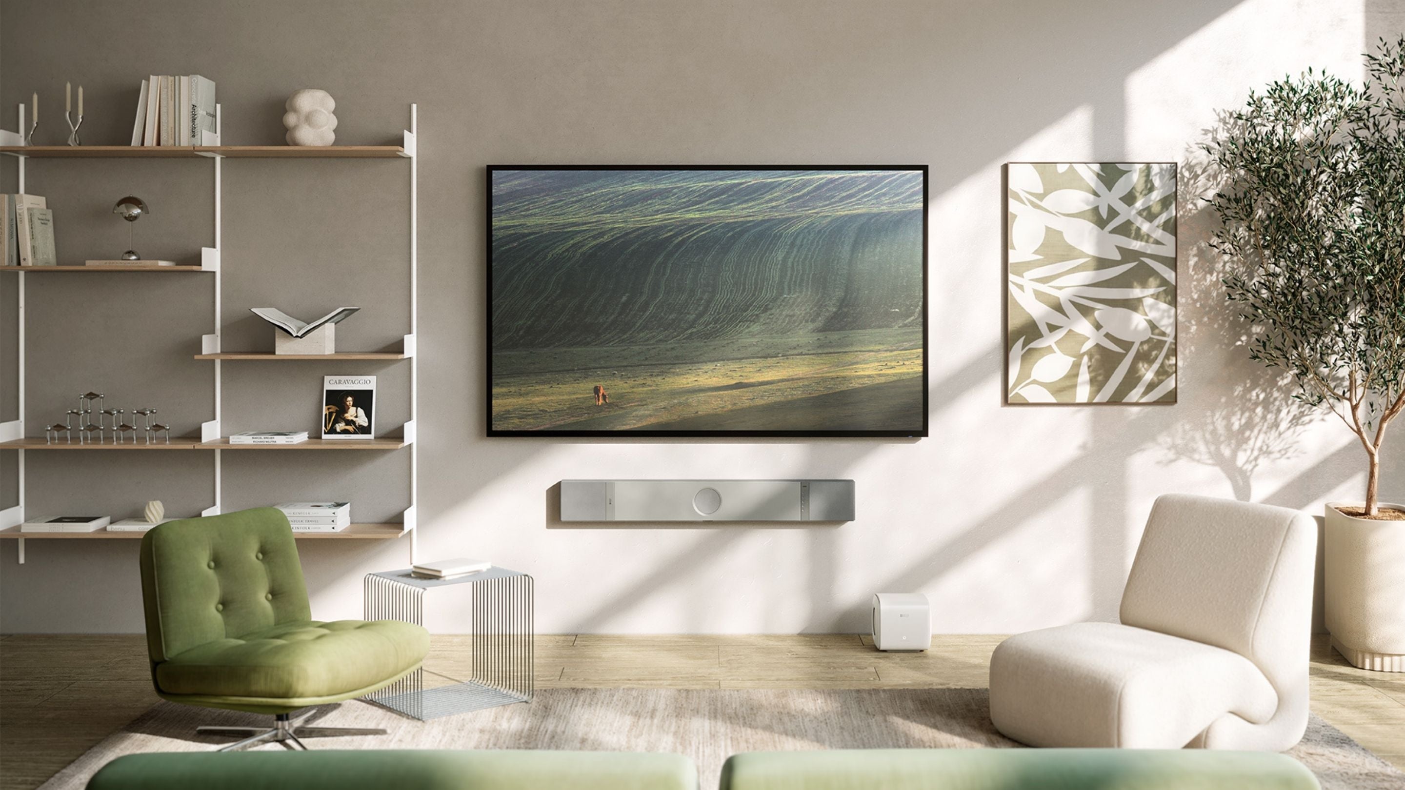 Modern living room with a soundbar, large TV screen displaying a nature scene, green chair, and white sofa.